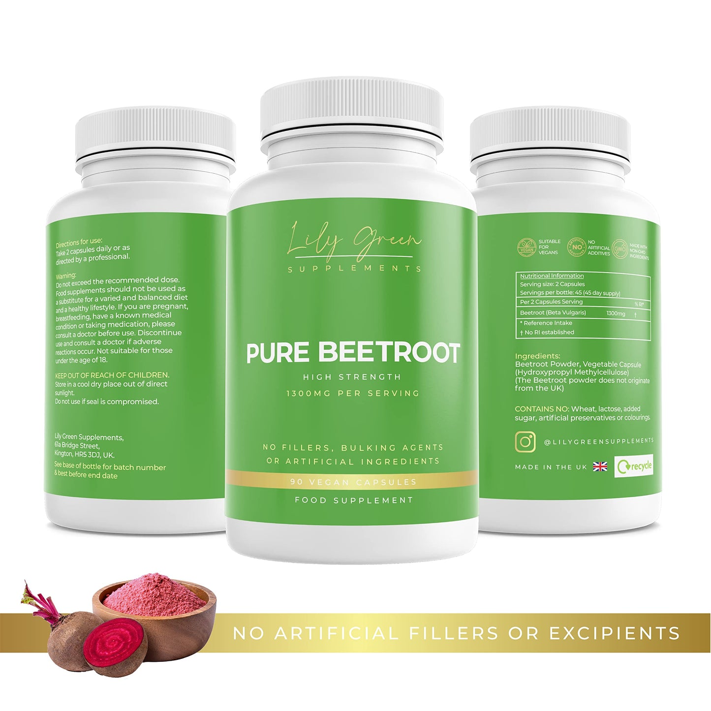Lily Green | Pure Beetroot 1300mg per Serving | 90 Vegan Capsules | Nitric Oxide Boost | Rich in Vitamins & Minerals | High Strength | No Artificial Additives | Made in UK