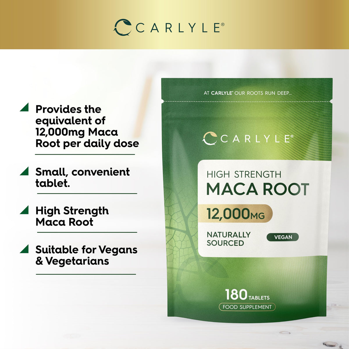 Maca Root Tablets 12,000mg | Naturally Sourced & High Strength Maca Root Extract | 180 Vegan Tablets | Supplement for Men & Women | by Carlyle