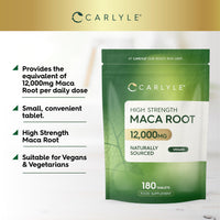 Maca Root Tablets 12,000mg | Naturally Sourced & High Strength Maca Root Extract | 180 Vegan Tablets | Supplement for Men & Women | by Carlyle