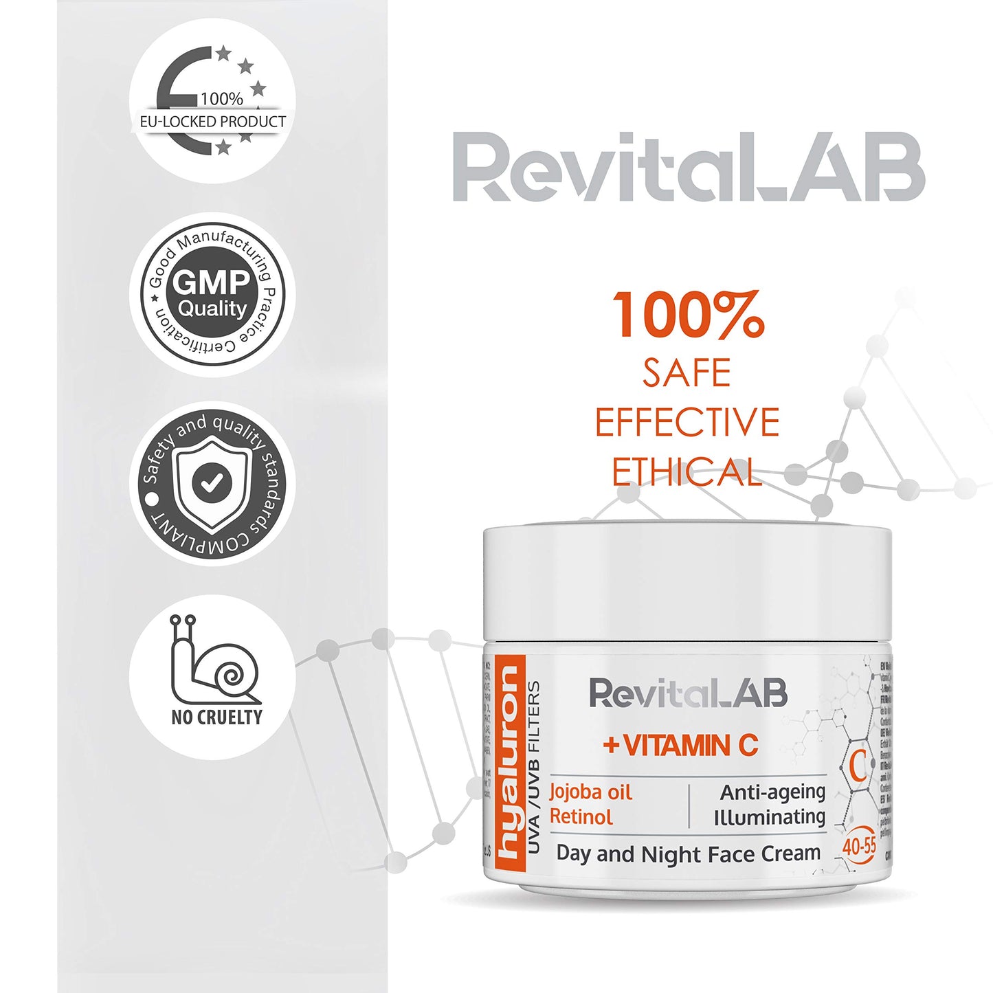 RevitaLAB Hyaluron Anti-Ageing Day and Night Cream, Enriched with Vitamins A, B3, B5, E, C, Jojoba Oil and UV Filters, for Ages 40 – 55, 50 ml