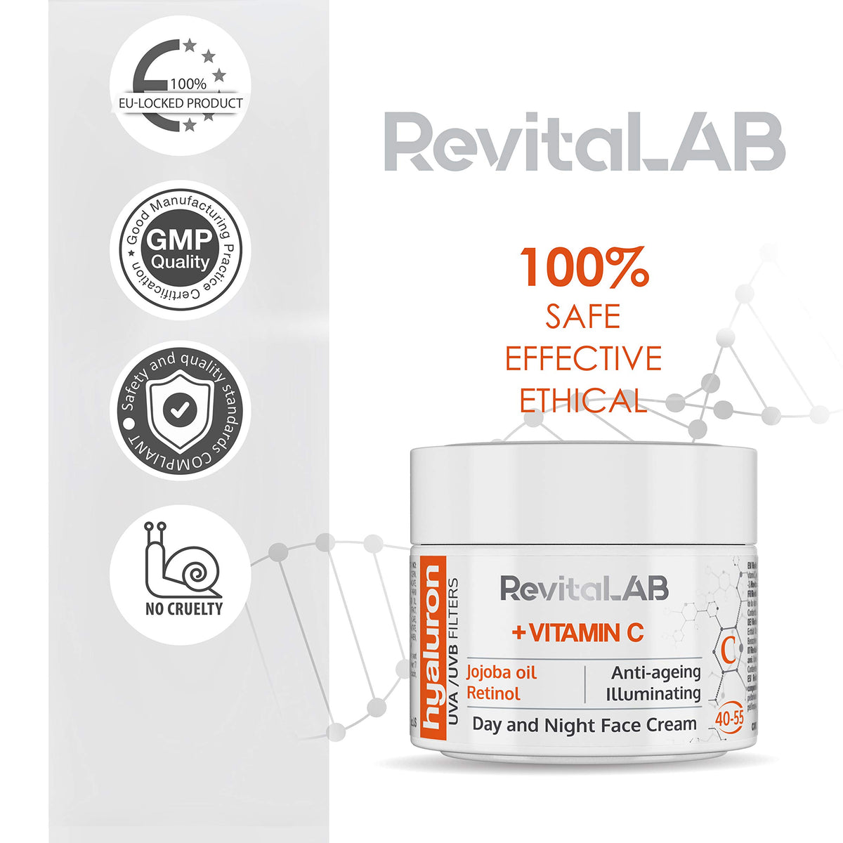 RevitaLAB Hyaluron Anti-Ageing Day and Night Cream, Enriched with Vitamins A, B3, B5, E, C, Jojoba Oil and UV Filters, for Ages 40 – 55, 50 ml