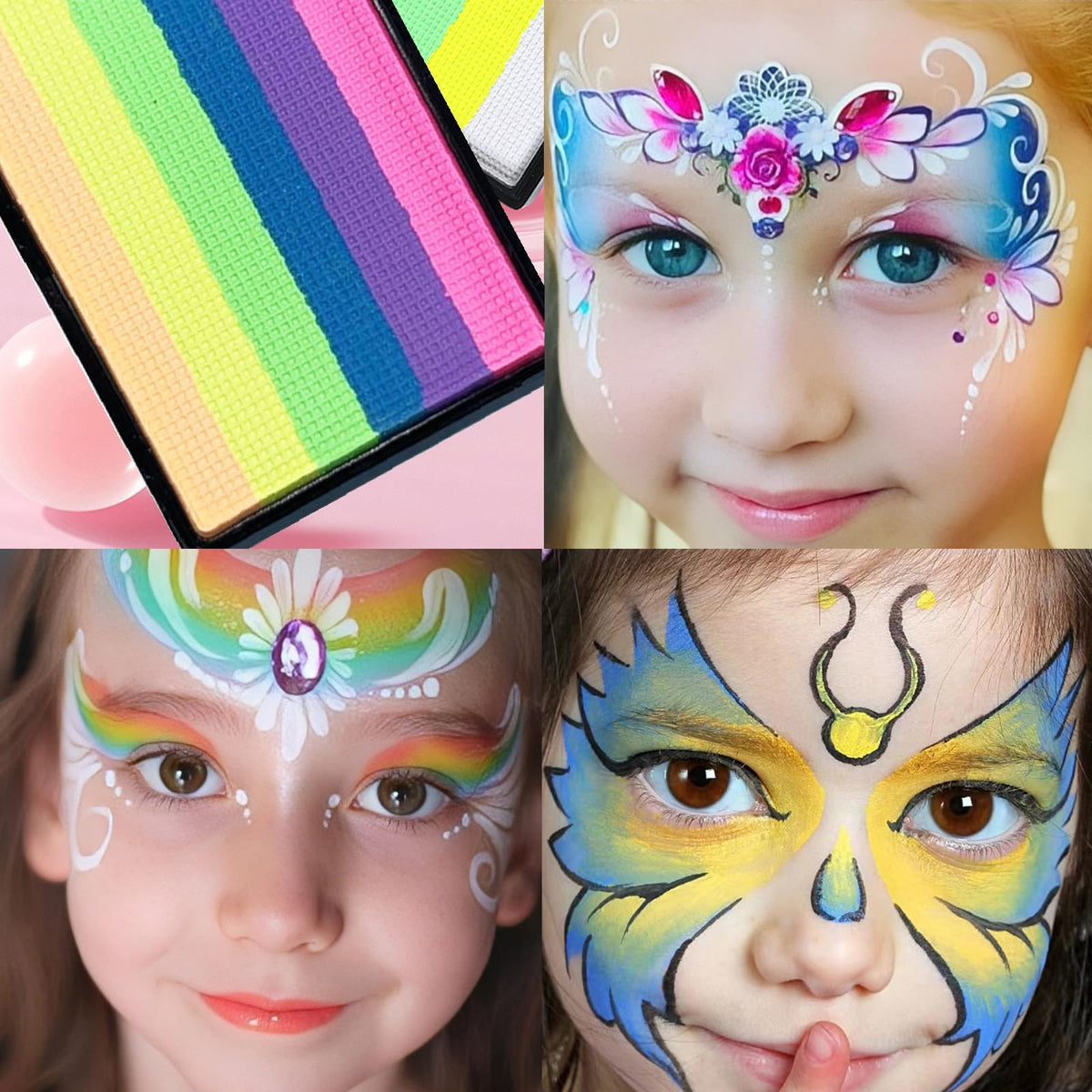 Mikloven Rainbow Face Paint Palette with 6 Vibrant Striped Colours on Square Sponge - Water Based, Washable & Safe for Kids Party, Festival, Cosplay, Carnival, Birthday, Creative Makeup & Face Art Design
