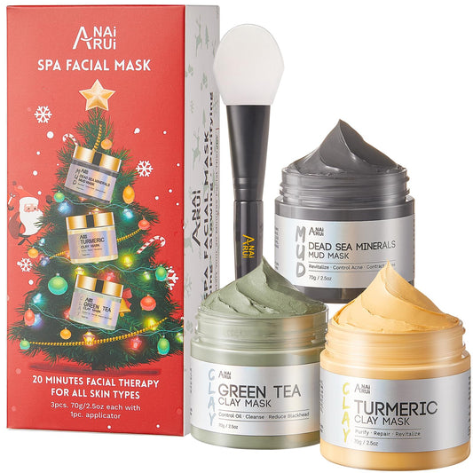 ANAI RUI ANAiRUi Face Mask Gift Set for Christmas 70g*3, Turmeric Clay Mask - Green Tea Clay Face Mask - Dead Sea Minerals Mud Mask, 210 G