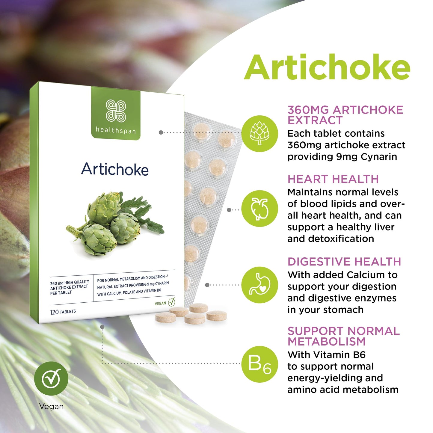 Healthspan Artichoke Extract 360mg (120 Tablets) | Supports Digestion & Liver Health | High Strength Vegan Artichoke Tablets with 7.2mg of Cynarin | with Calcium, Folate & Vitamin B6 | Vegan