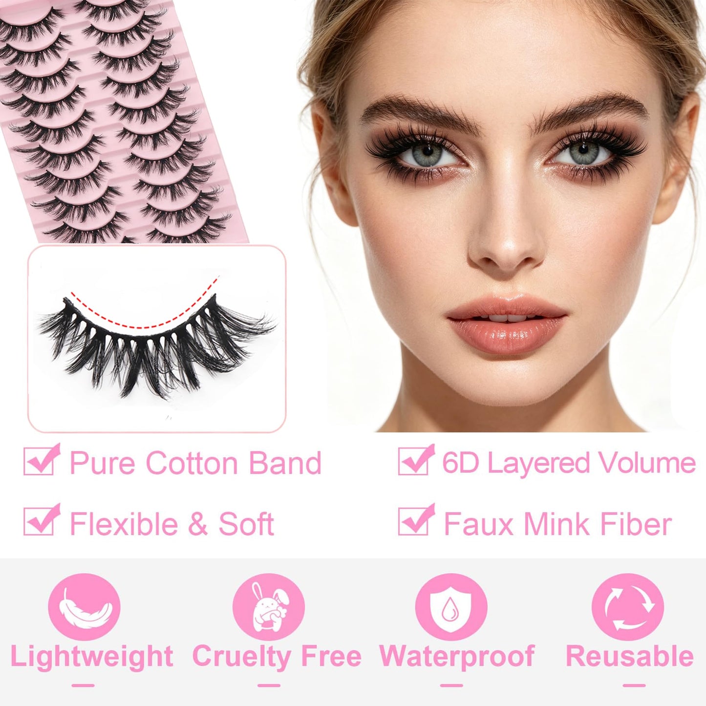 KANGSIT Eyelashes Faux Mink Fox Eye Natural Looking Russian Lashes Strip D Curly Fluffy Multi-layers Eyelash Wispy Cat Eye Lash Pack 10 Pairs (3DMAO-9)