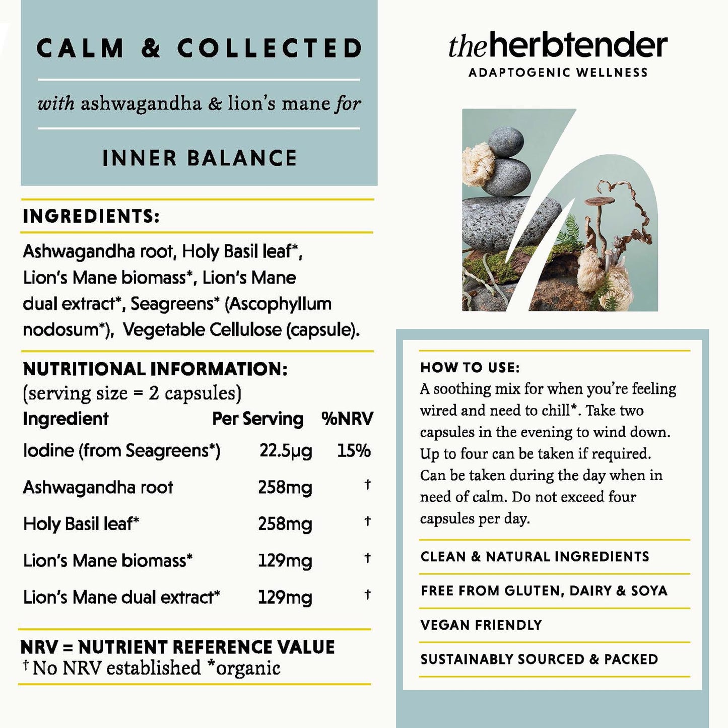 The Herbtender Ashwagandha & Lion’s Mane Supplement – Calm & Collected 60 Capsule Jar - Ashwagandha Capsules High Strength - Lion’s Mane Capsules - Natural Stress & Anxiety Support - Calming Tablets for Adults