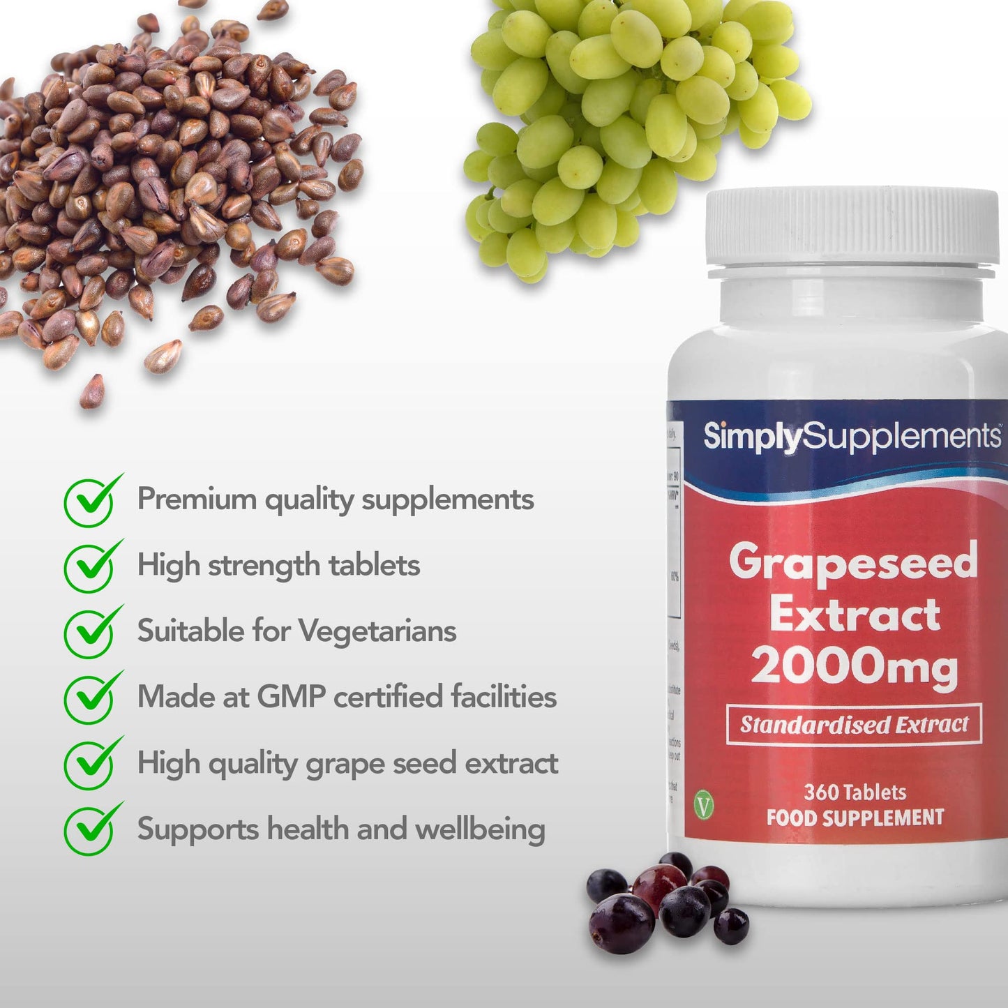 Simply Supplements Grapeseed Extract 2000mg | 360 High Strength Grapeseed Tablets with Added Vitamin C | Vegan & Vegetarian Friendly | Manufactured in The UK