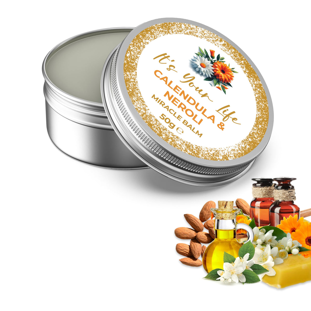 It's Your Life Miracle Balm, Calendula balm, Natural Skincare, as a, Wound Healing Cream, Scab Healing Cream, &, Burn Cream Healing Anti Scar. 50 grams of, Calendula Cream, its Natures, Wonder Balm, for, Dry Skin