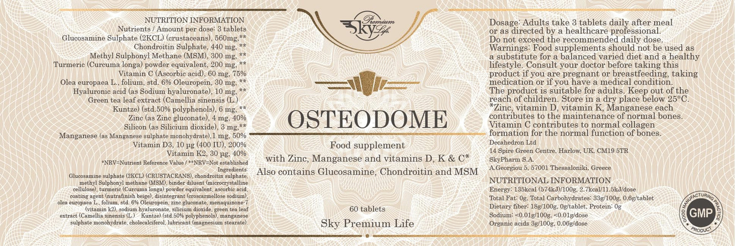 Sky Premium Life Osteodome Food Supplement – Multivitamin and Mineral Complex with Glucosamine and Chondroitin, MSM, Hyaluronic Acid, Green Tea – 60 Tablets