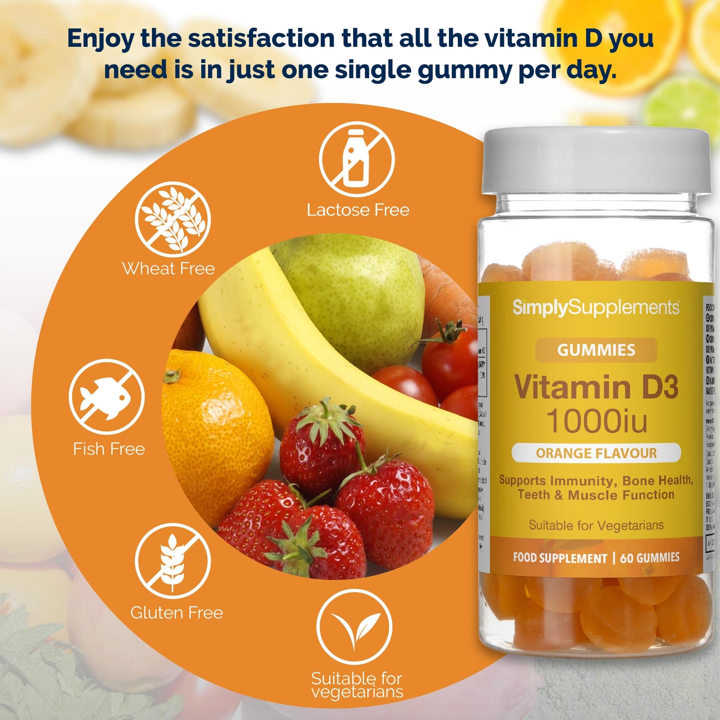 Vitamin D Gummies | 25mcg / 1000iu of Vitamin D3 | One a Day Supplement | Orange Flavour | 60 Gummies