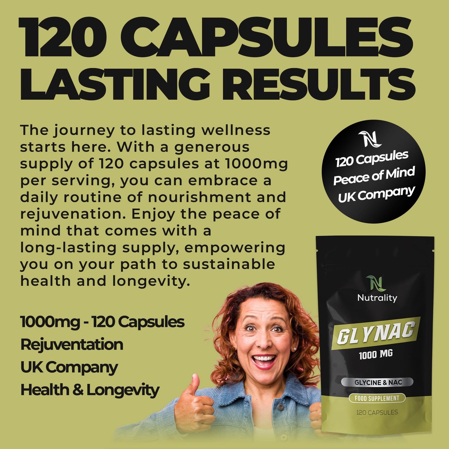 Nutrality Glynac Supplement 120 Capsules 1000mg | Vegetarian Friendly Anti-Aging Glutathione Formula with Glycine and NAC, for Enhanced Health, Wellness | Promotes Youthful Aging, Vitality