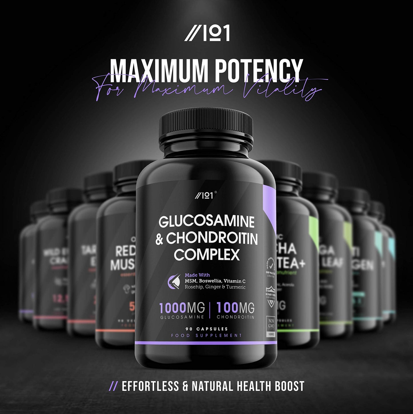 ALPHA01 Glucosamine & Chondroitin Complex - with MSM, Boswellia, Rosehip, Ginger & Turmeric - Made from Pasture Raised, Grass-Fed Bovine - Non-GMO, 90 Capsules