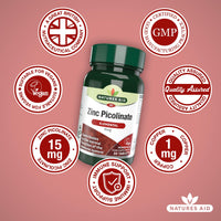 Natures Aid Zinc Picolinate Tablets 15mg - Supports Immune Health - Antioxidant Protection - Metabolism Wellness - Vegan Gluten-Free Non-GMO - High Potency Natural Supplement - 30 Tablets