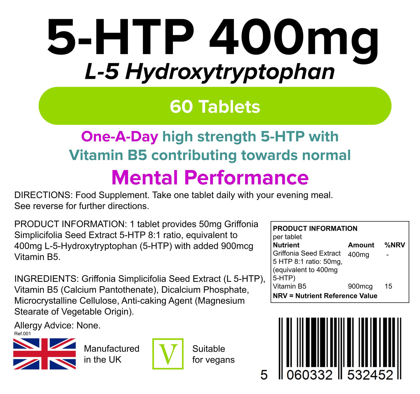 Lindens 5 HTP 400mg Tablets - 60 Pack - 50mg Griffonia Simplicifolia Extract 8:1, Standardised to Yield 400mg 5-HTP - UK Manufacturer, Letterbox Friendly