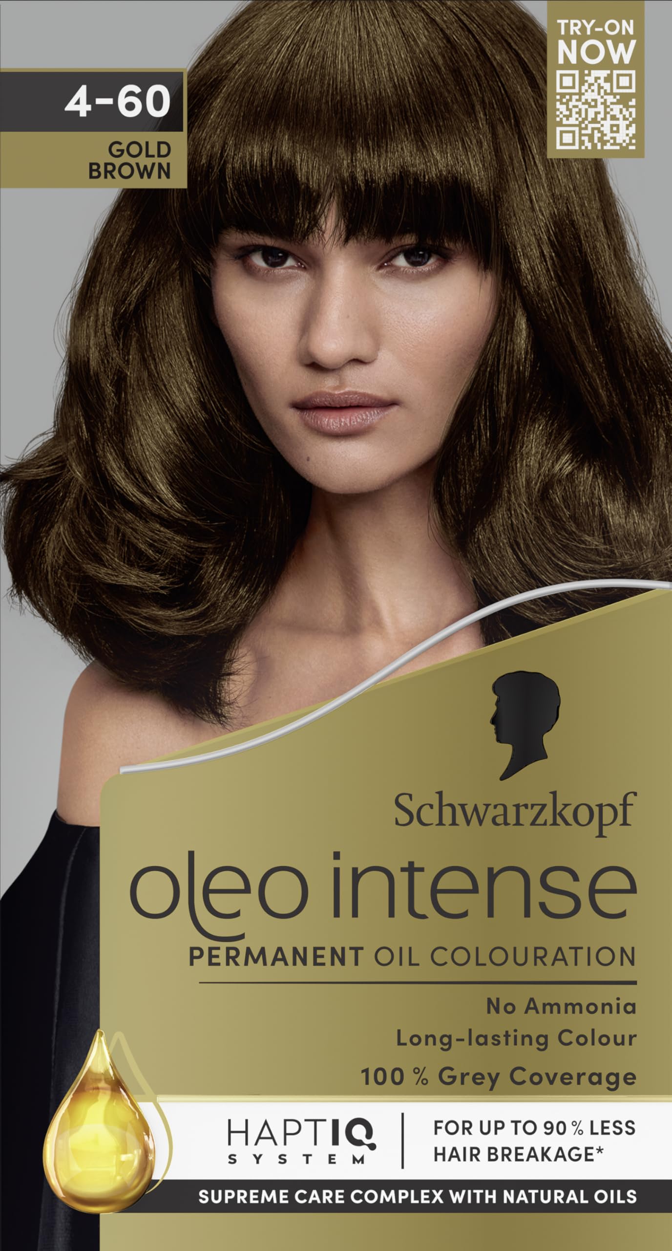 Schwarzkopf Oleo Intense Permanent Oil Colour 4-60 Gold Brown Hair Dye, 100% Grey Coverage, Conditioner with HaptIQ System, Long-Lasting Colour, Ammonia Free Hair Dye