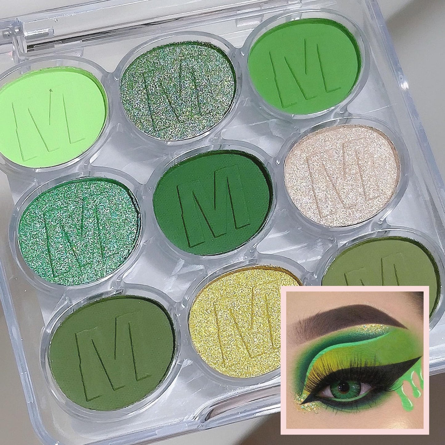LYNTYAOU Green Eyeshadow Palette, Shimmer Matte Eye Shadow, Highly Pigmented Matte Shimmering Cool Make-Up Palettes, 9 Colour Waterproof, Longlasting Party Makeup, Eye Shadow Pallets for Women
