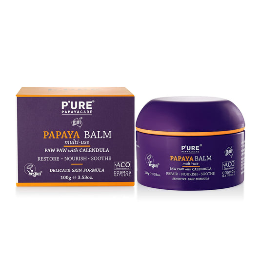 P'URE PAPAYA CARE Balm Multi-use 100g - VEGAN - Repairs Dry Skin, After Sun Treatment - Natural Ingredients with Shea Butter, Calendula, Jojoba Oils, Vitamin E & Papaya- Sensitive Skin Care Products