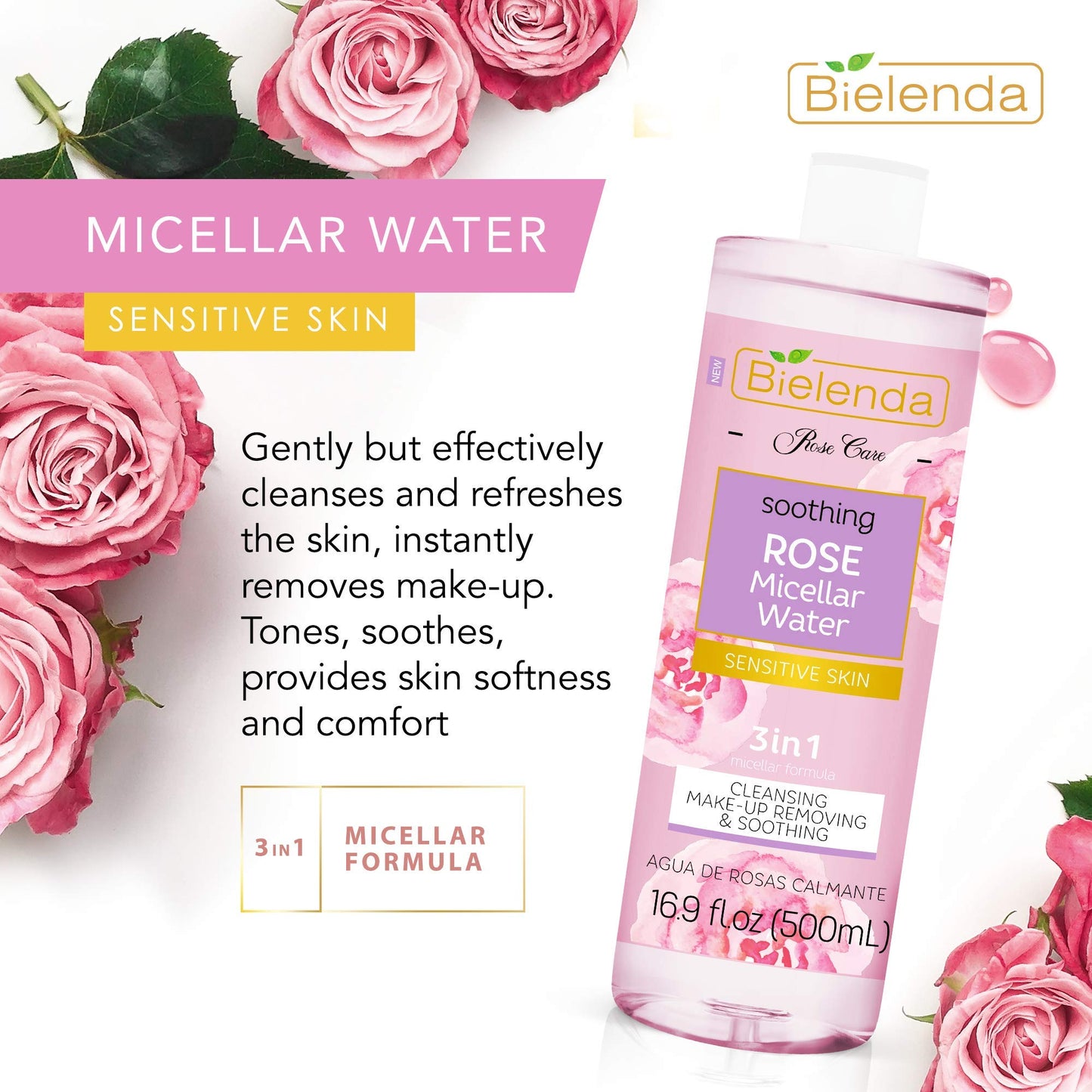 Bielenda Rose Care - Gently But Effectively Cleanses And Refreshes The Skin, Instantly Removes Make Up - Tones, Soothes, Provides Skin Softness And Comfort - Rose Care Micelar Water - 500 ml