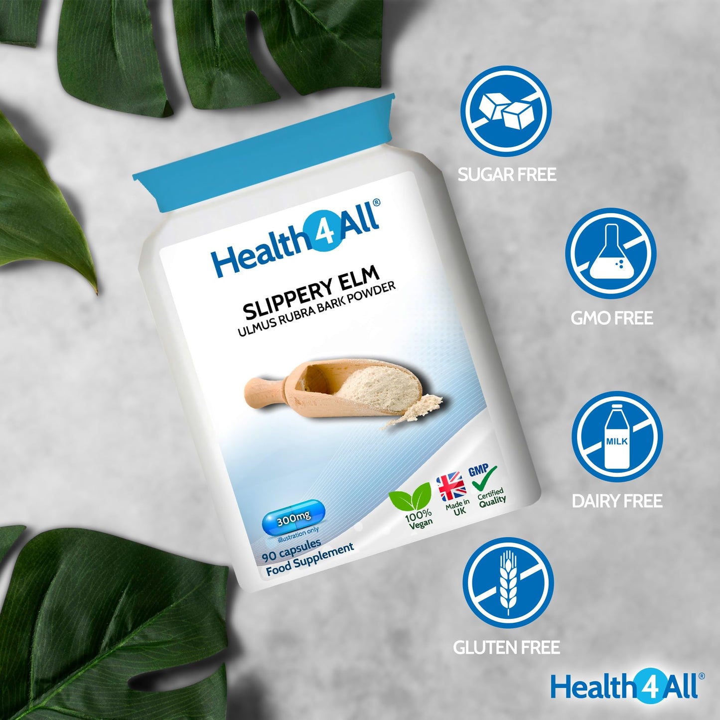 Health4All Slippery Elm 300mg 90 Capsules, Digestive Health & Acid Reflux Support. Vegan Digestive Support Supplement, Ulmus Rubra Inner Bark Powder, Stomach Soothe, Gluten Free | Made in UK