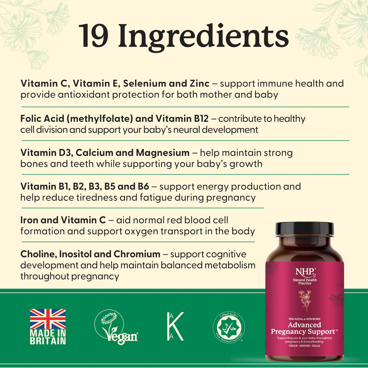 NHP The Natural Health Practice NHP Advanced Pregnancy Support - Multivitamin & Minerals for Healthy Pregnancy - Folic Acid, Iron, B Vitamins, Vitamin D3, Calcium & Magnesium -Vegan, Kosher, Halal - 60 Vegan Capsules