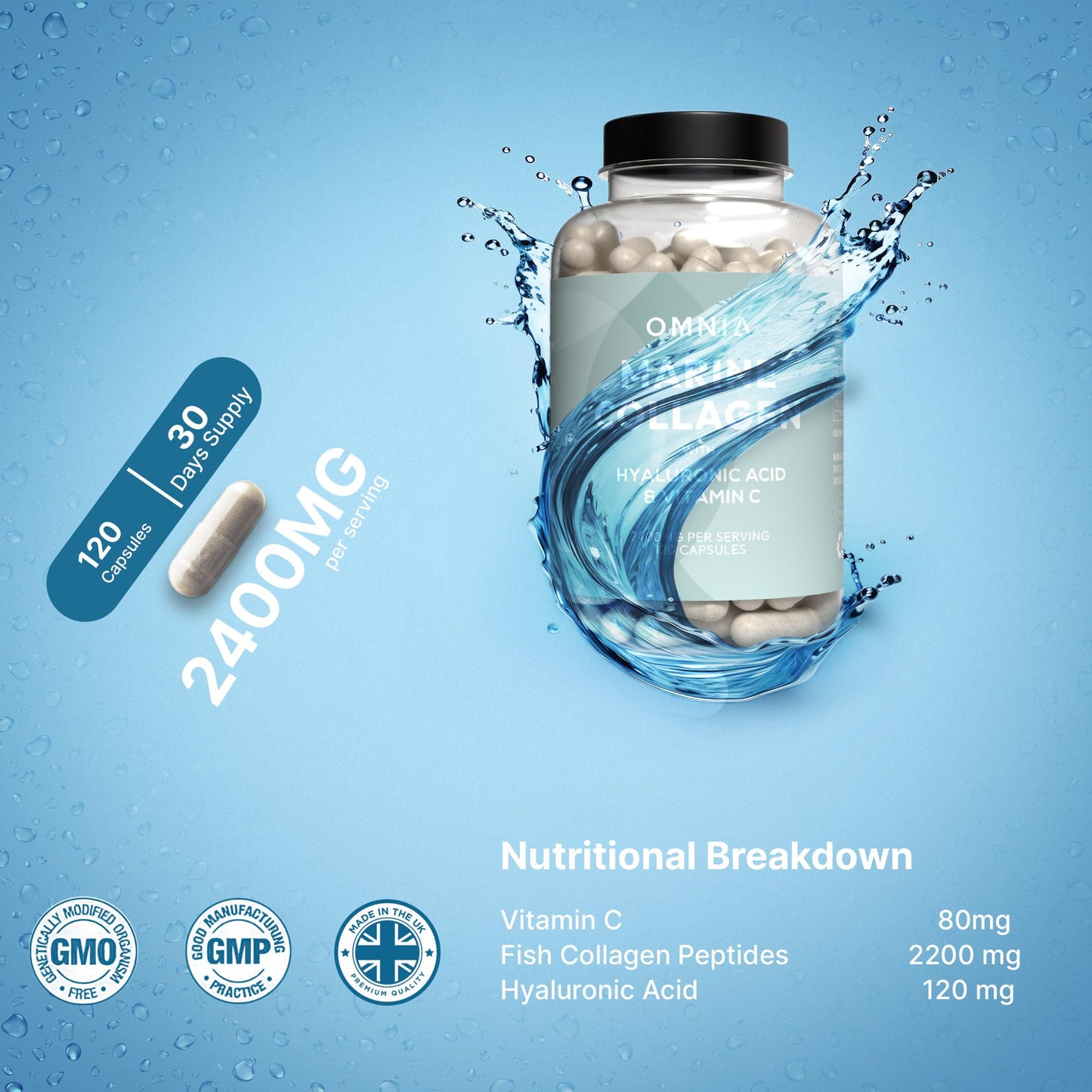 Omnia Marine Collagen Capsules 2400mg - High Potency Skin, Hair & Nail Health Formula for Women & Men - with Type I Collagen, Hyaluronic Acid & Vitamin C - 120 Capsules - UK Made