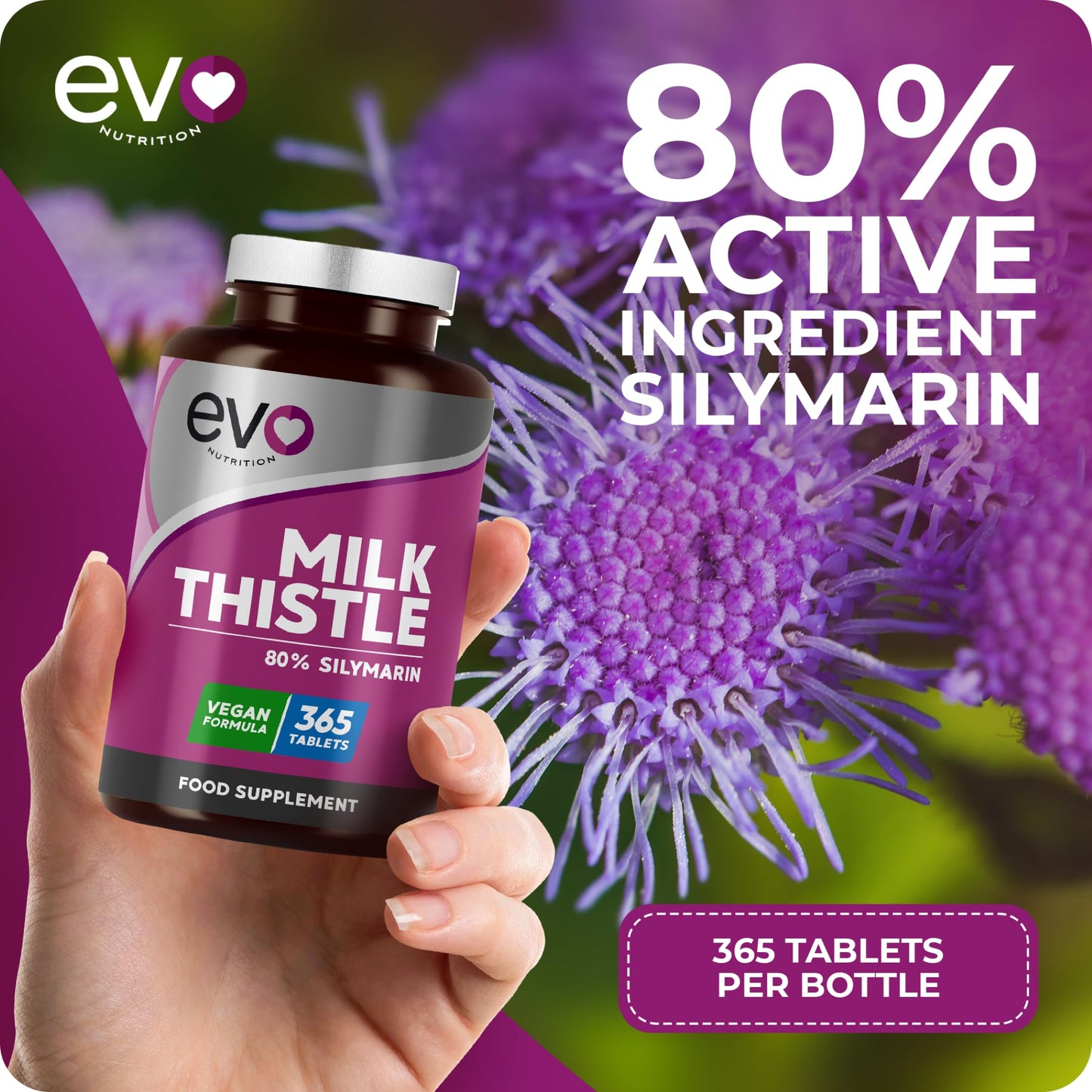 EVO NUTRITION EVO Nutrition Milk Thistle, 80% Silymarin, 365 Vegan Tablets