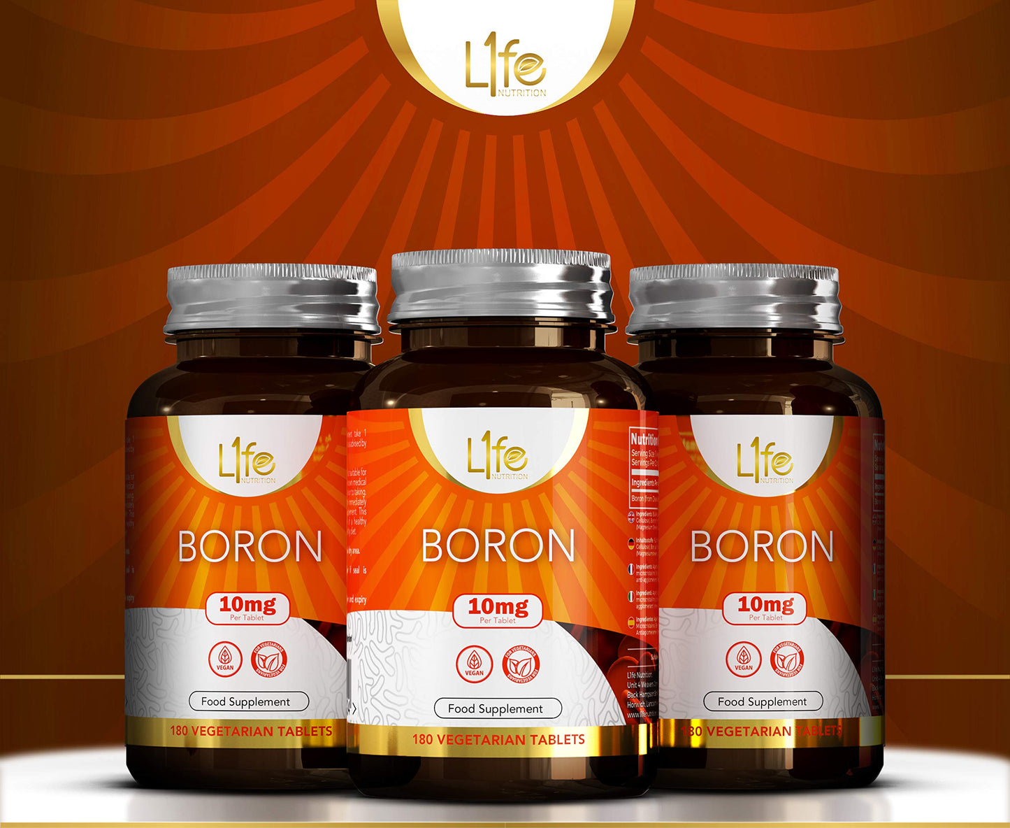L1fe Nutrition LN Boron Supplements | 180 High Strength Vegan Boron Tablets - 10mg Supplement per Capsule | Non-GMO, Gluten, Dairy & Allergen Free | Manufactured in The UK