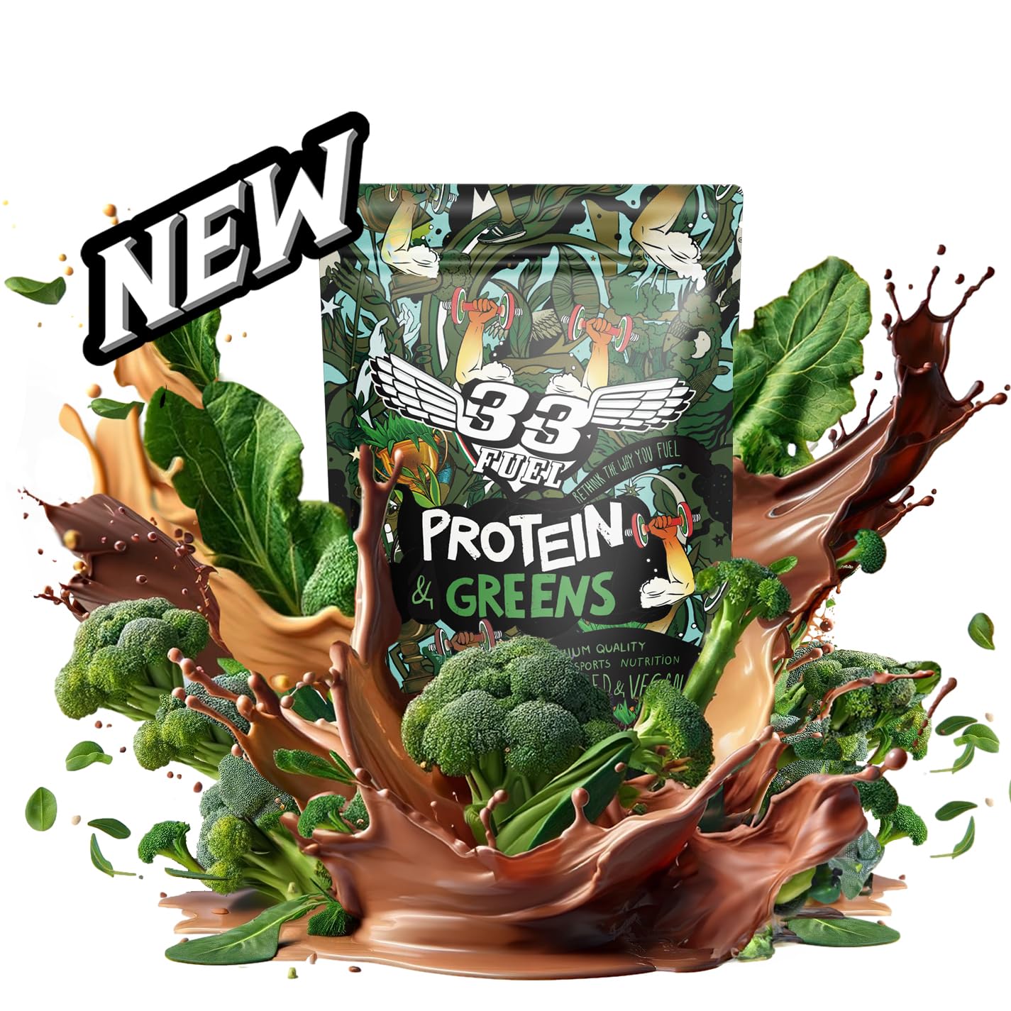 33Fuel Protein & Greens Powder – Natural, 20g Plant Protein, Organic Supergreens, Vegan, High-Fibre All-in-One Daily Nutrition – 576g Chocolate