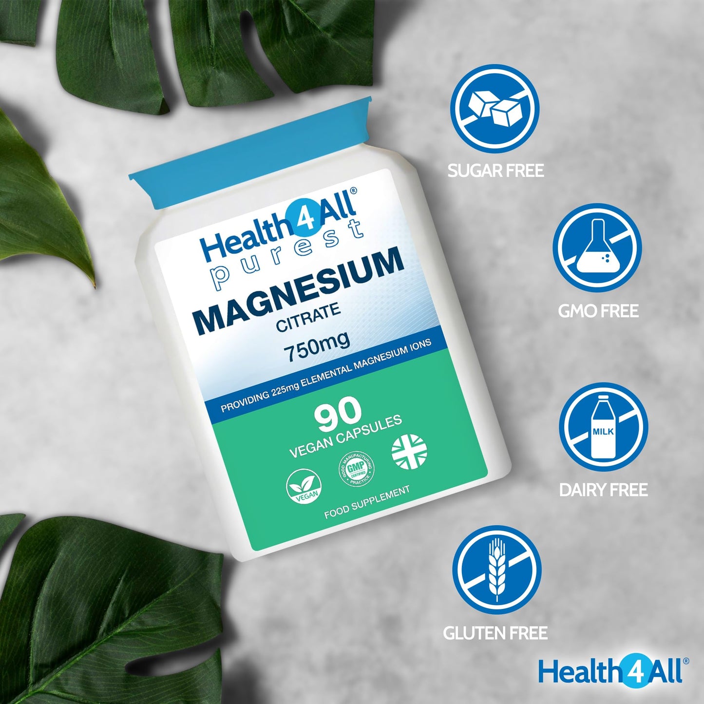 Health4All Magnesium Citrate 750mg 90 Capsules, High Strength 225mg Elemental Mg