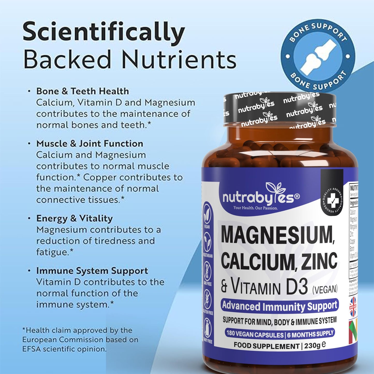 NUTRABYTES Nutrabytes Magnesium, Calcium, Zinc & Vitamin D3 Supplement, 180 Vegan Capsules | Vitamins & Minerals for Immune Support | Complex for Energy, Bones, Teeth & Muscles | 6 Month Supply | UK Made