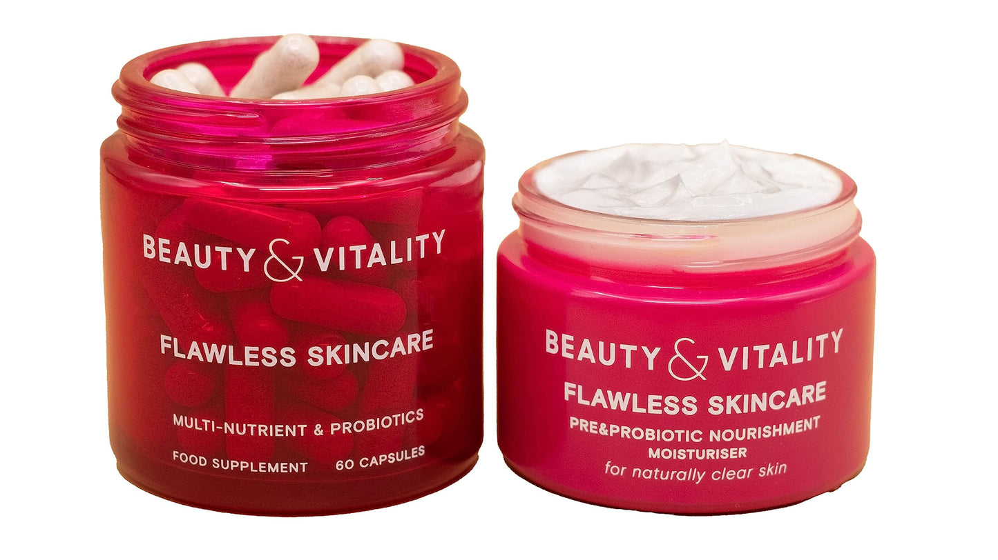 Beauty & Vitality Flawless Skincare Kit for Acne-Prone Skin - Probiotic Moisturiser (50ml) and Supplements (60 Caps) for Microbiome Balance
