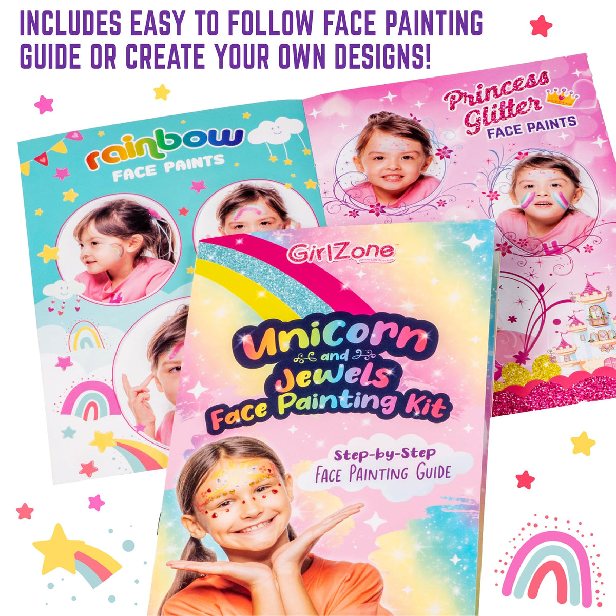 GirlZone Unicorn and Jewels Face Painting Kit, Amazing Face Paints for Children, Gems, Face Paint Brushes, and Face Paint Stencils in 1 Kids Face Paint Set to Create Childrens Face Paints