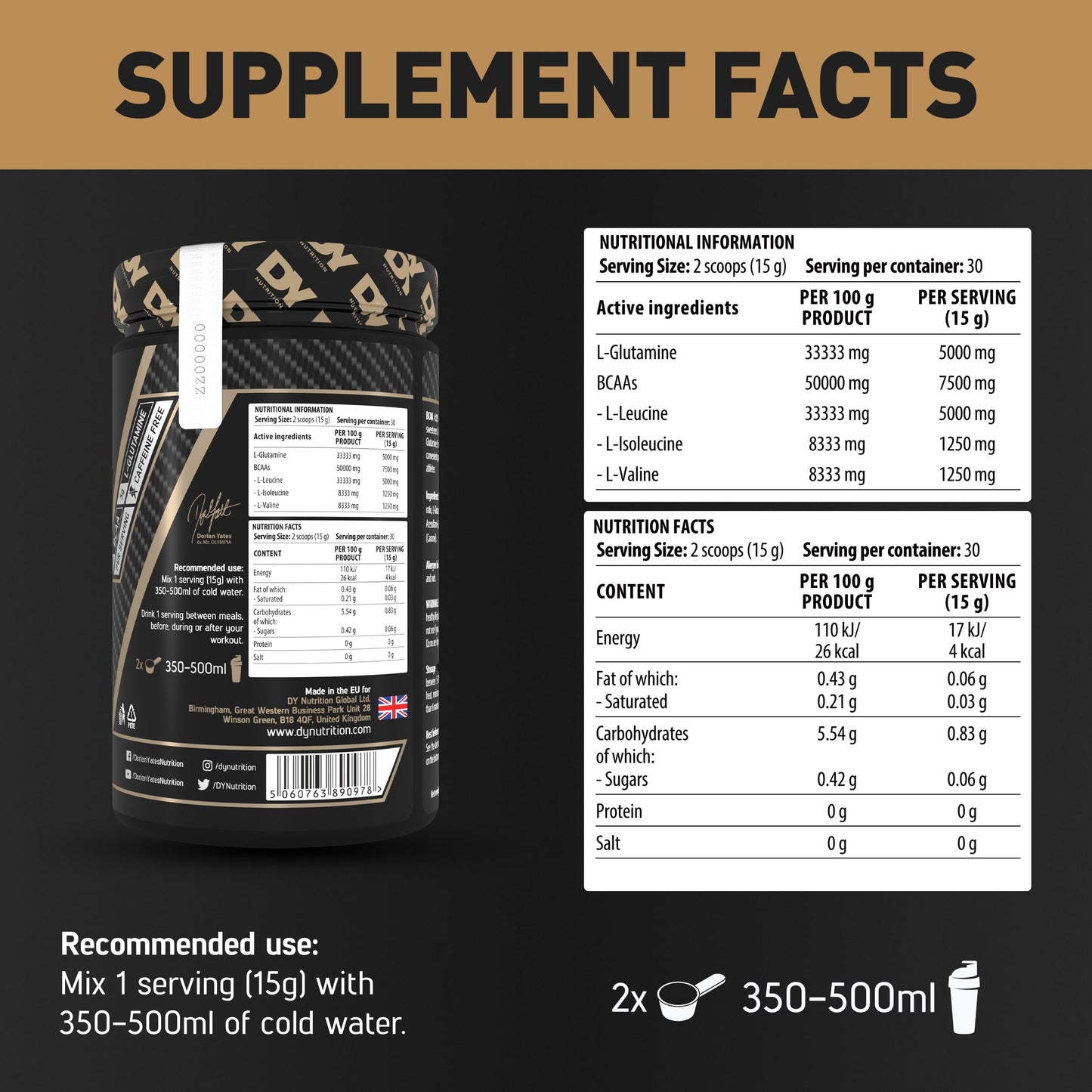 DY Nutrition HIT BCAA 4:1:1 + Glutamine, 450g, 30 Servings (Cherry Flavour) Branch Chain Amino Acid Powder Drink for Optimal Pump & Performance | Pre & Intra Workout Supplement