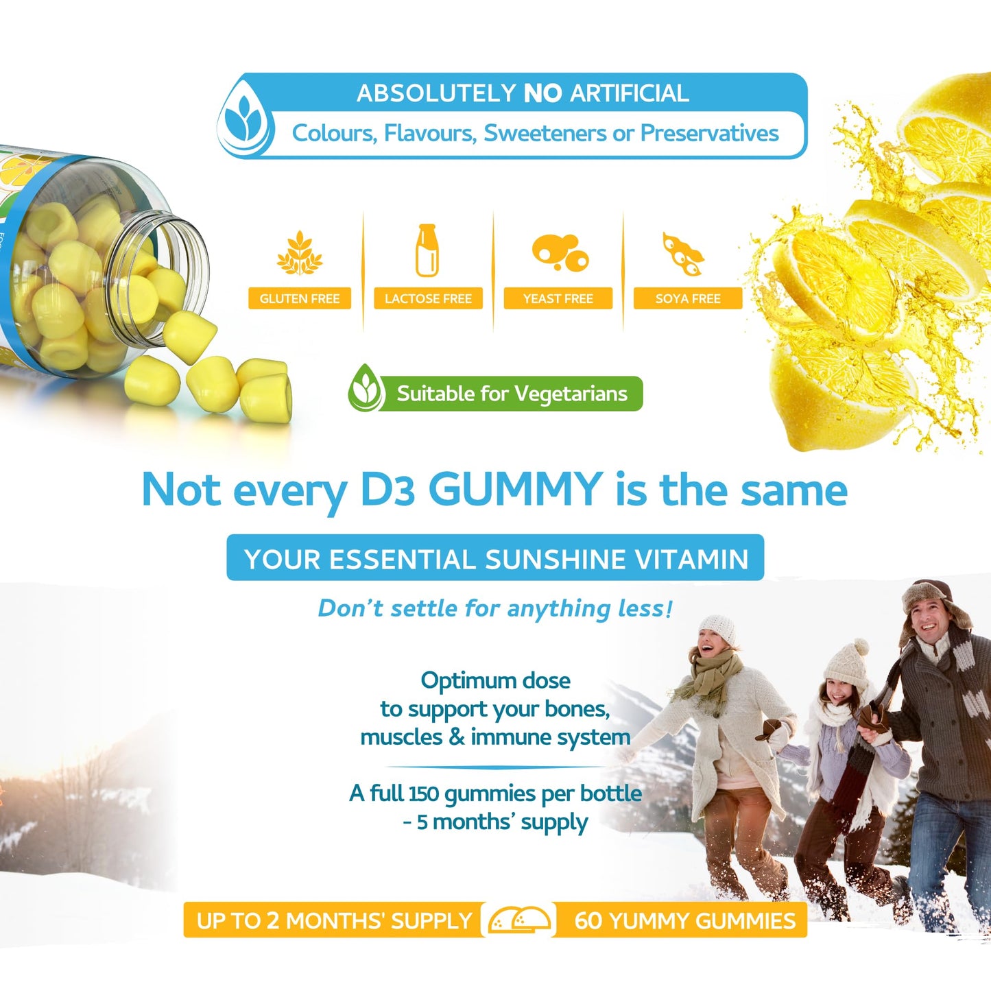 swiss bioenergetics Vitamin D3 Gummies 25µg 1000IU - 60 Natural Lemon Flavour Chewable Yummy Gummies - 2 Month Supply - Made in The UK