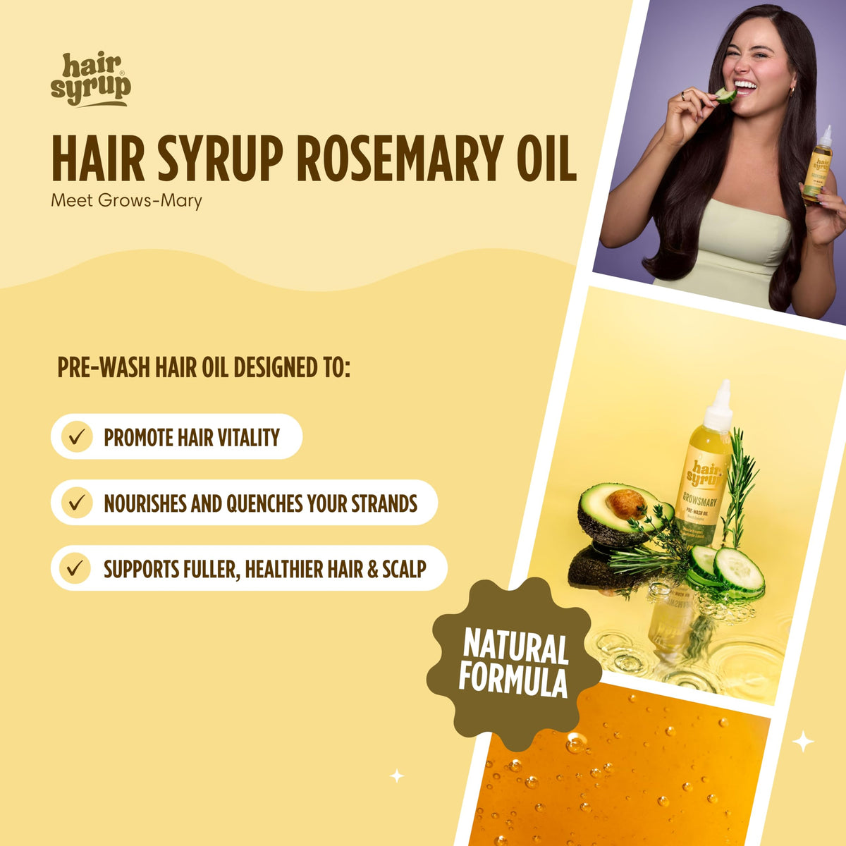 Hair Syrup | Rosemary Pre-Wash Hair Oil | Made with Rosemary, Thyme, Cucumber & Avocado | Nourish Your Scalp & Mind with Growsmary | Vegan | 100% Natural | 300ml Pump Bottle Applicator