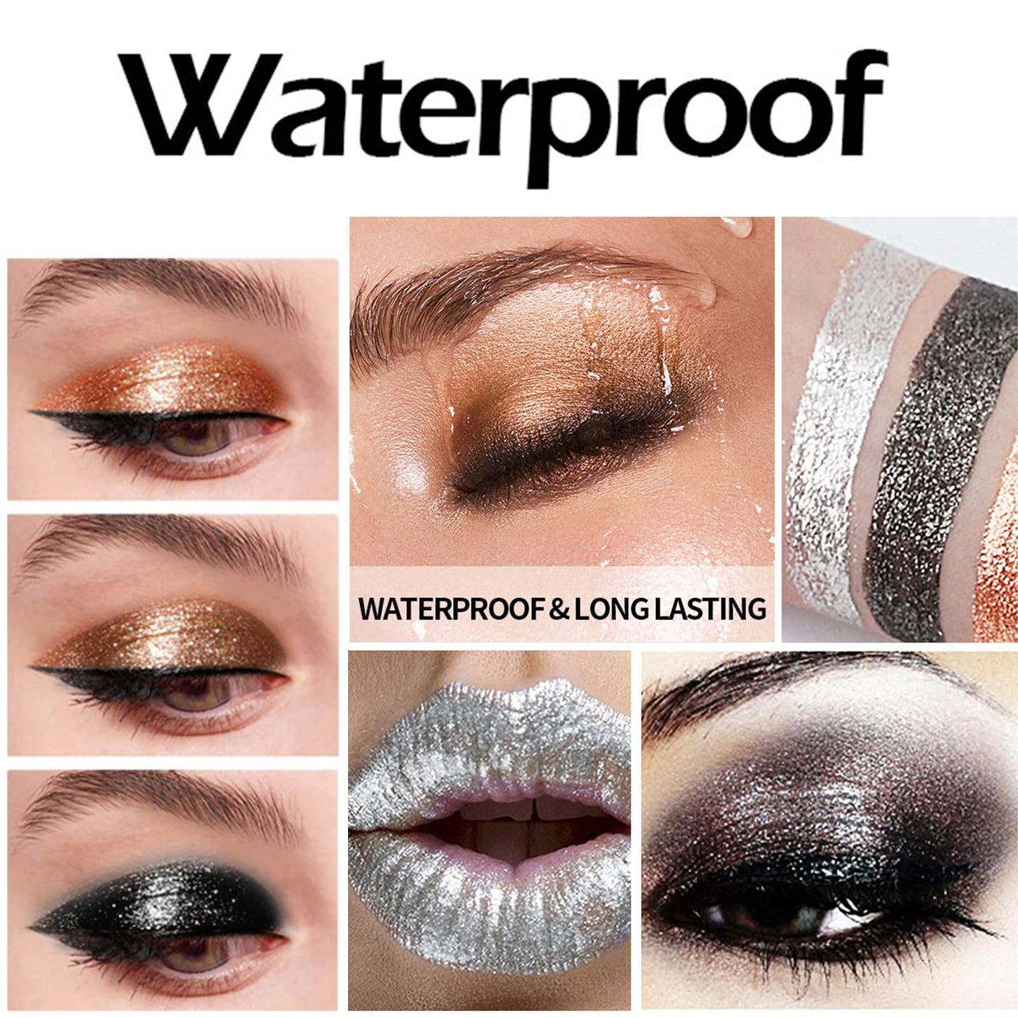 HAORQEE Glitter Eyeshadow, Brown Black Gold Shimmer Liquid Eye Shadow, Metallic Sparkly Shiny Pearlescent Long Lasting Eye Shadows Eyeliner Eye Makeup for Women Girls Gifts