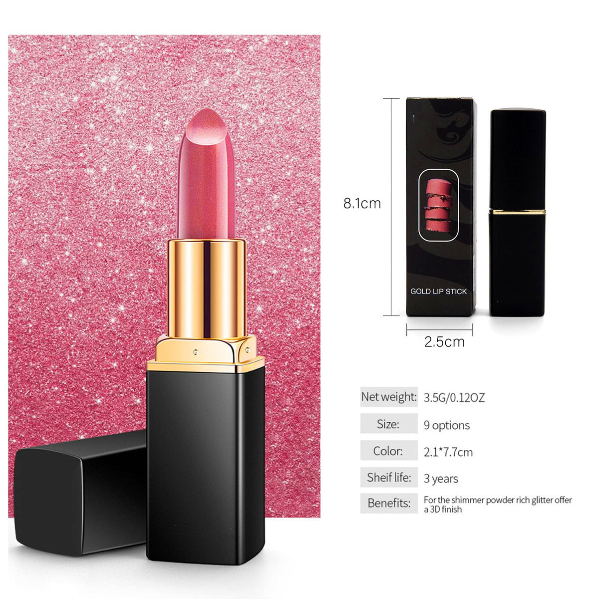 HAORQEE Pink Glitter Colour Changing Lipstick, Metallic Long Lasting Waterproof