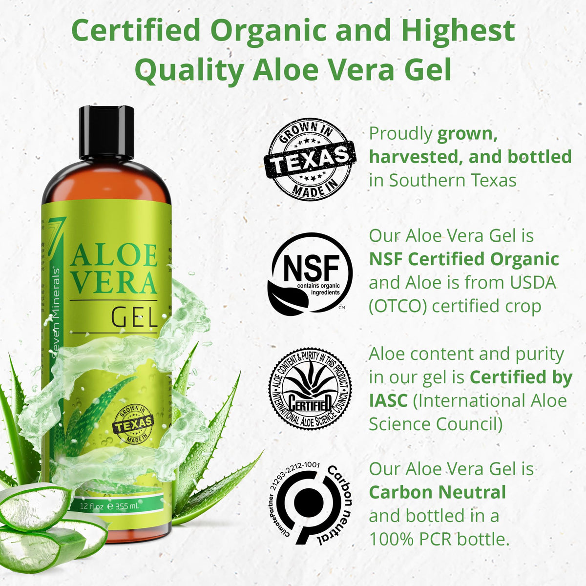 Seven Minerals Organic Aloe Vera Gel with 100% Pure Aloe from Freshly Cut Aloe - NO ACRYLATES & CROSSPOLYMERS, so it absorbs Rapidly with No Sticky Residue - Big 355 ml / 12 fl oz