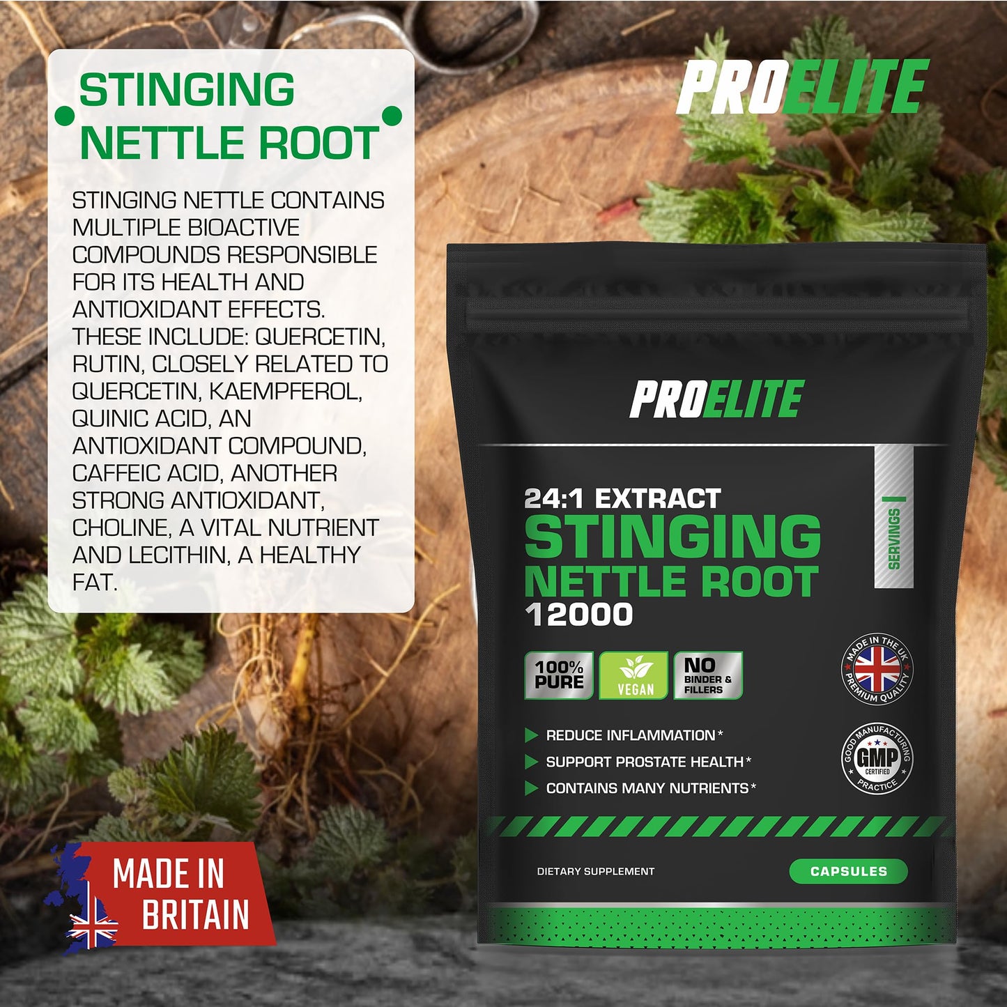 Stinging Nettle Root | 30 Capsules Vegan - 24:1 Extract 12,000mg Nettle Root per Capsule | High Strength Stinging Nettle Alternative to Powder NO Fillers & Binders | Made in UK by PROELITE