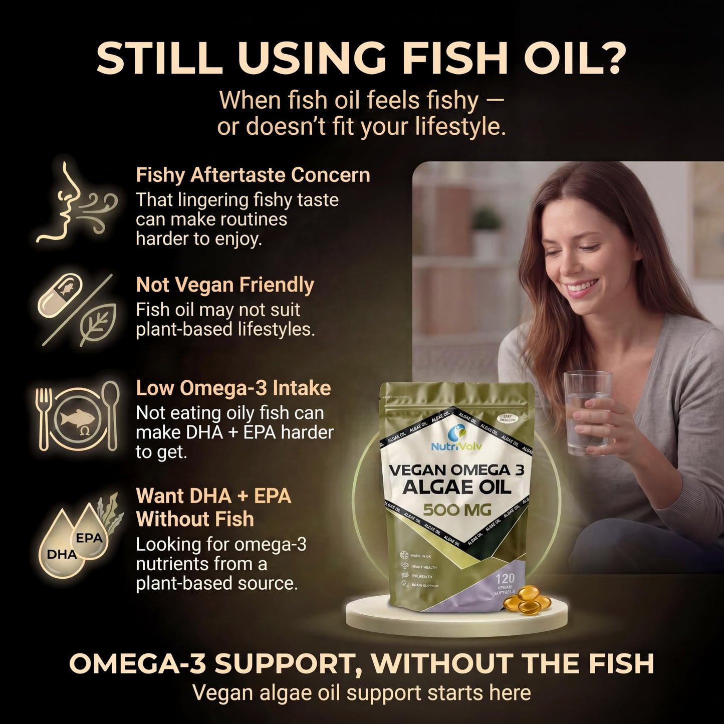 NutriVolv Vegan Omega 3 Algae Oil 500mg | 120 Vegan Softgels | DHA 200mg & EPA 100mg | Vegan Alternative to Omega 3 Fish Oil | Supports Eye, Brain & Heart Health | Essential Fatty Acid