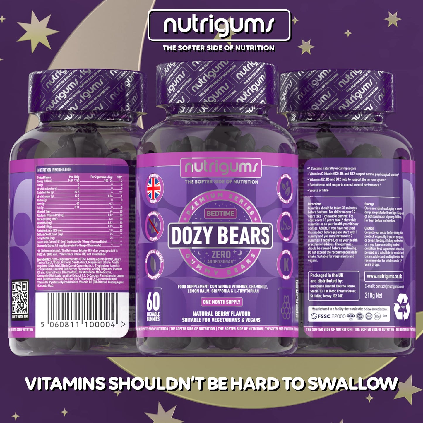 DOZYBEARS® 60 Vegan Gummy Bears. Mixed Berry Flavour with 5-HTP, L-Tryptophan + Vitamins C, B2, B3, B5, B6 B12 with Chamomile and Lemon Balm to Support Rest & Sleep. Adults & Kids 12+ Years