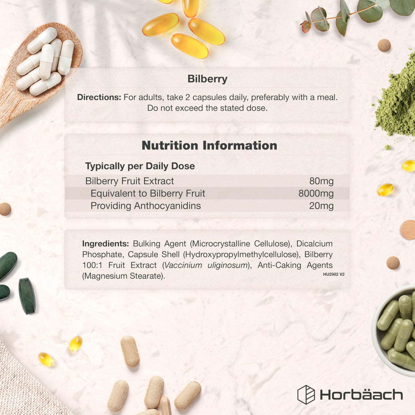 Horbäach Bilberry Extract 8,000mg | High Strength 25% Anthocyanidins | 120 Vegan Capsules | Vaccinium Uliginosum | Resealable & Recyclable Pouch | Horbaach