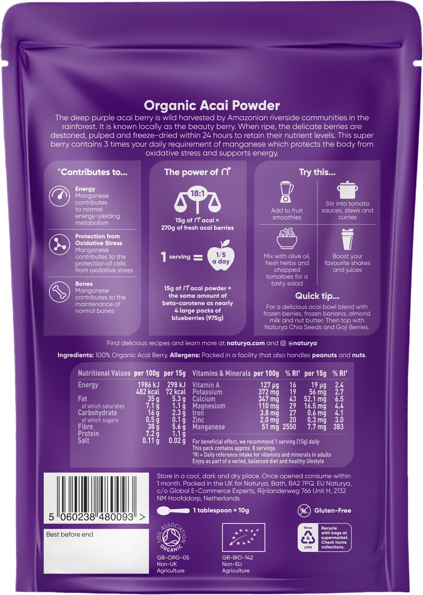 Naturya Organic Açaí Powder - Wild-Harvested from Amazonian Açaí Palms, Rich in Manganese & Vitamin A, High in Fibre, Antioxidant Superfood, Gluten-Free, Vegan - 125g Pouch
