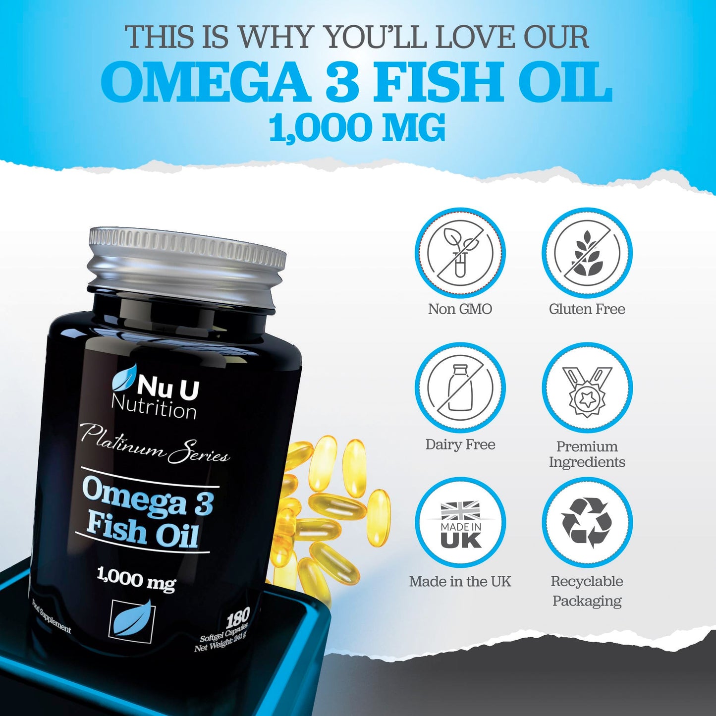 Omega 3 Fish Oil 1000mg - 180 Softgel Capsules - 3 Month Supply - Double Strength 660mg EPA & 440mg per Serving - with Added Vitamin E