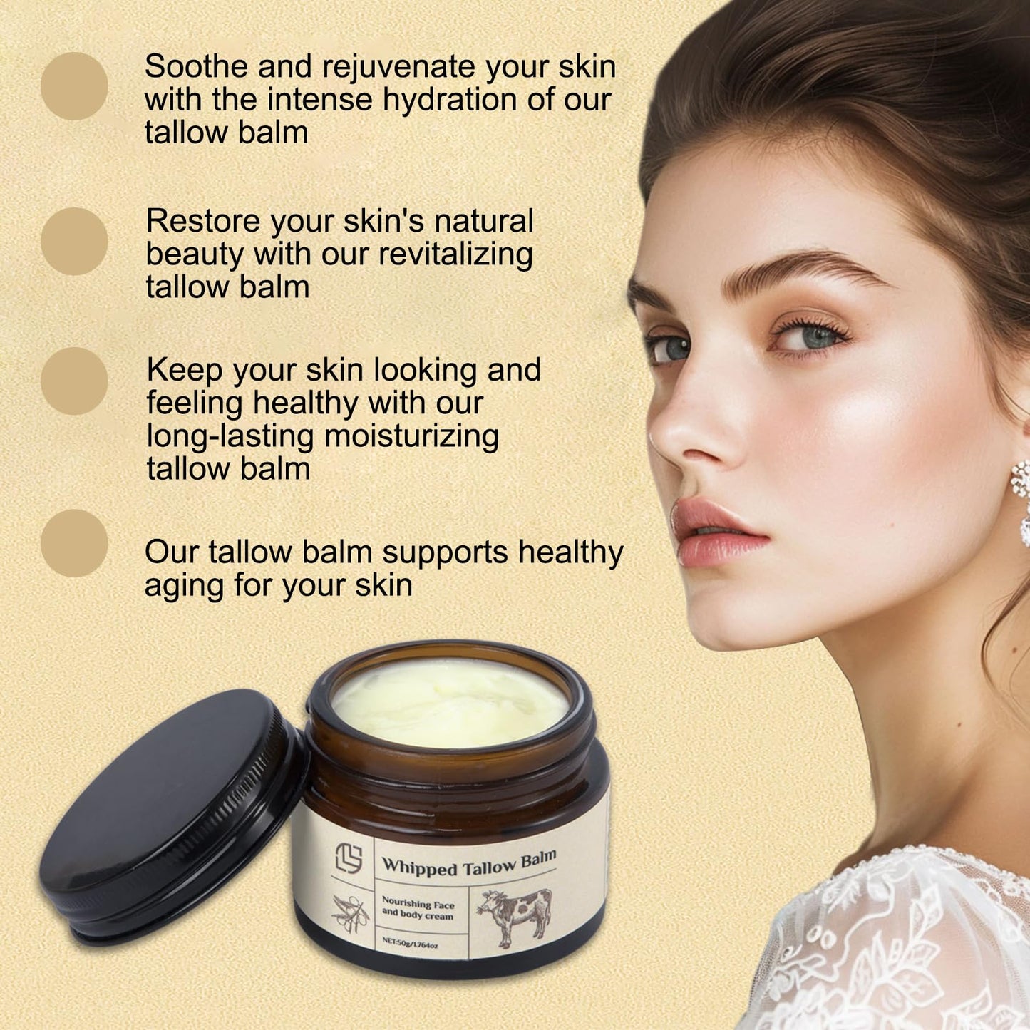 Grass-Fed Tallow Balm - Nourishing Face and Body Cream for Dry Skin, with Beef Tallow for Deep Moisturization and Skincare