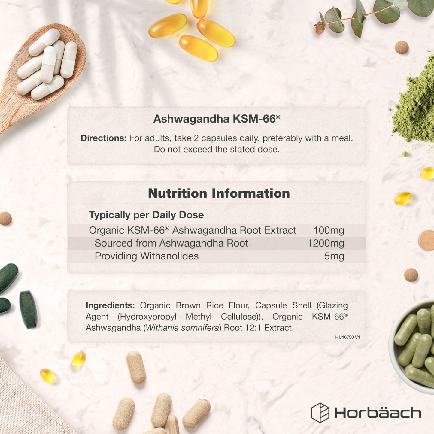 Horbäach Organic Ashwagandha KSM-66® 1200mg with 5% Withanolides | Pure Ashwagandha Root Powder | High Strength | 180 Vegan Capsules (Not Tablets) | Supplement for Men & Women | by Horbaach
