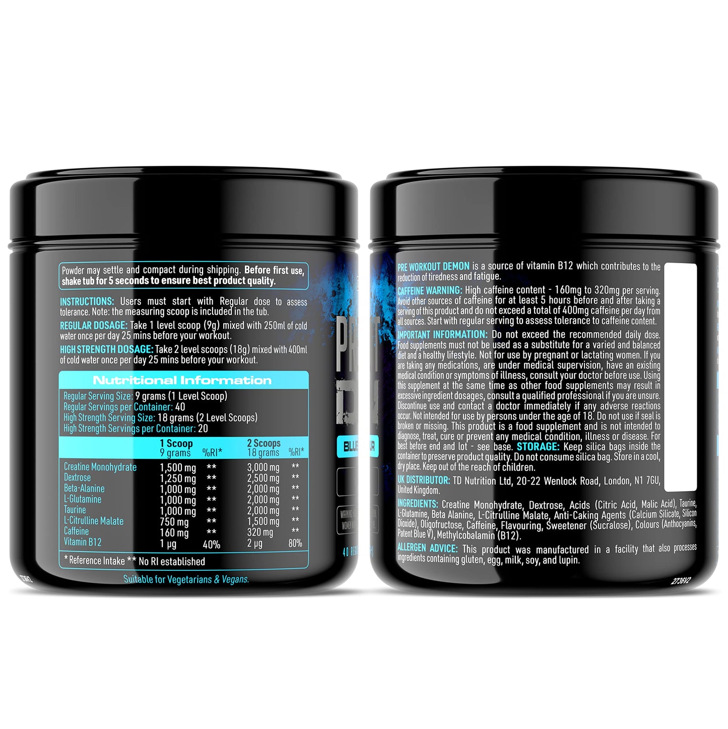 DEMON LABZ Pre Workout Demon - Hardcore Pre-Workout Powder Supplement with Creatine, Caffeine, Beta-Alanine and Glutamine (Blue Raspberry, 360g)