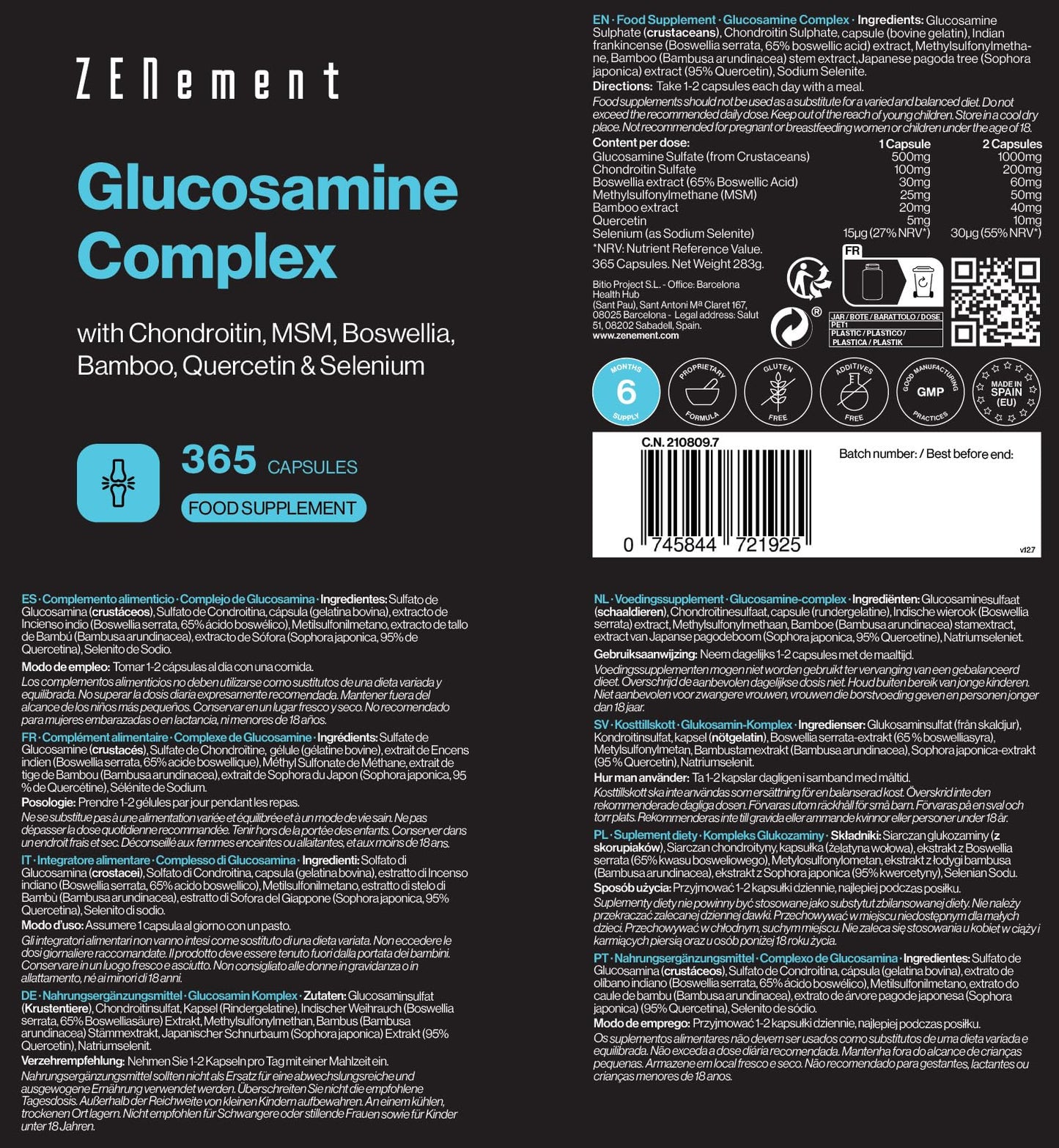Glucosamine Complex with Chondroitin, MSM, Boswellia, Bamboo, Quercetin & Selenium - 365 Capsules, Capsule Format - No Additives, Non-GMO - Zenement