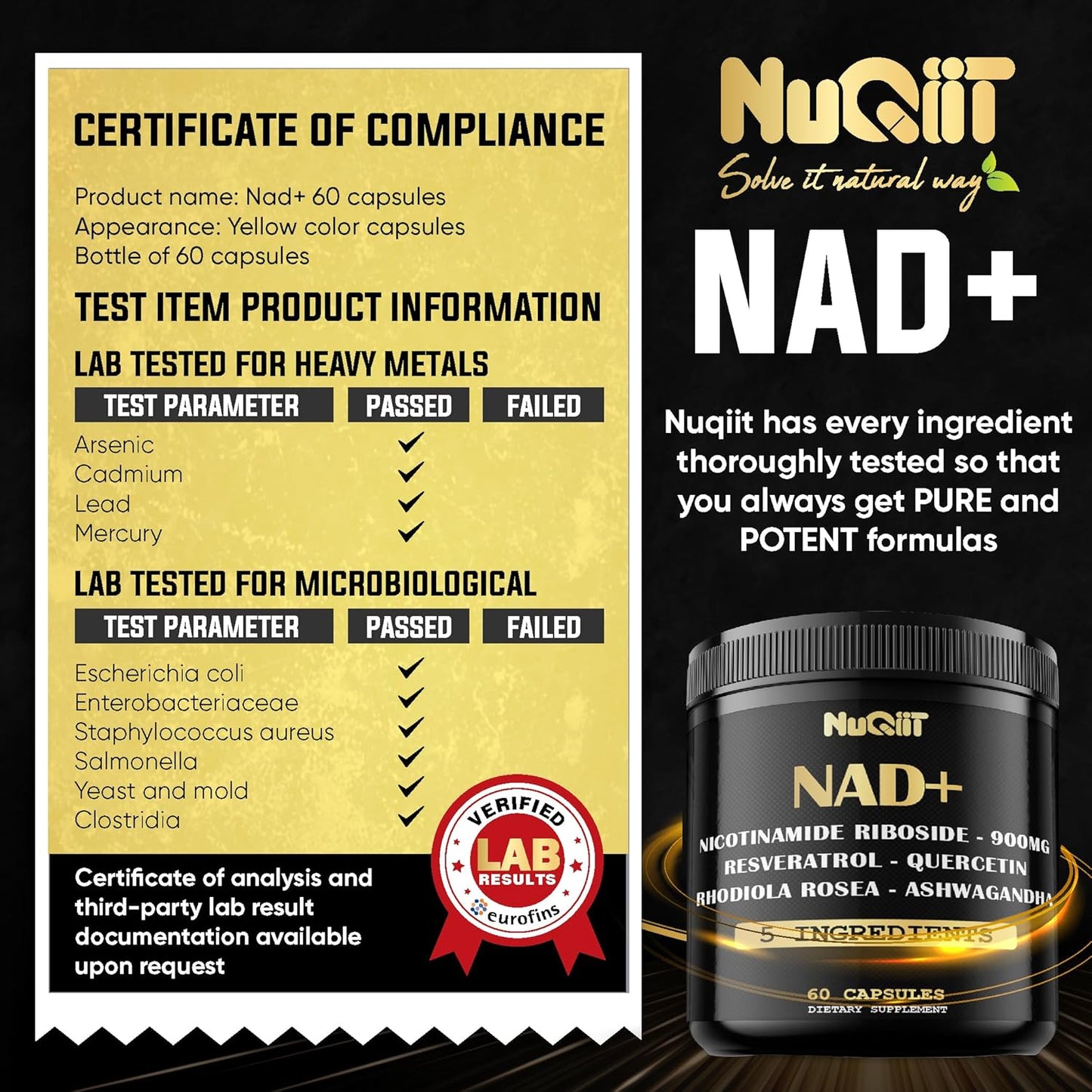 NAD+ Supplement with Nicotinamide Riboside 900mg, Quercetin, Turmeric, Rhodiola Rosea - 60 Capsule