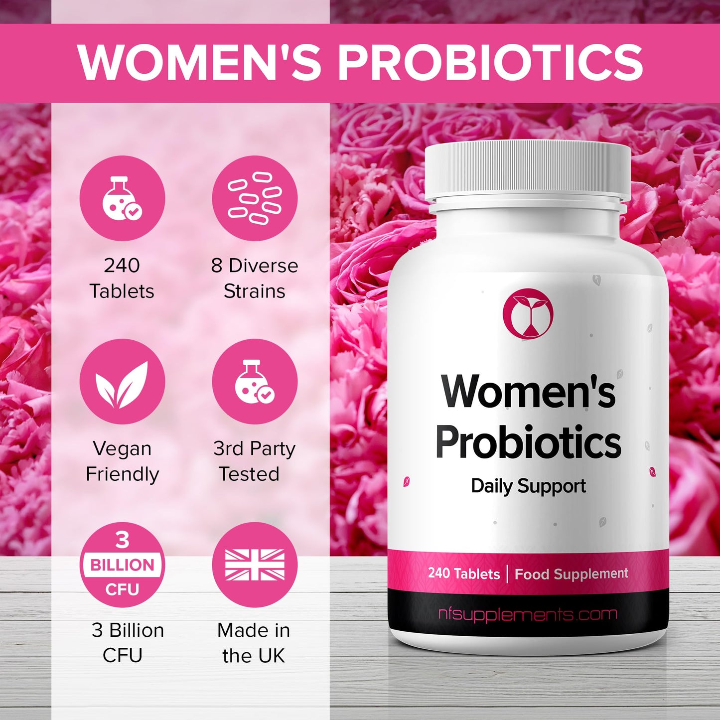 Natural Foundation Probiotics for Women 240 Tablets Supports Immune System, Digestive & Vaginal Health Made in The UK 3 Billion CFU Probiotic Supplement for Women (240, Women's Probiotics)
